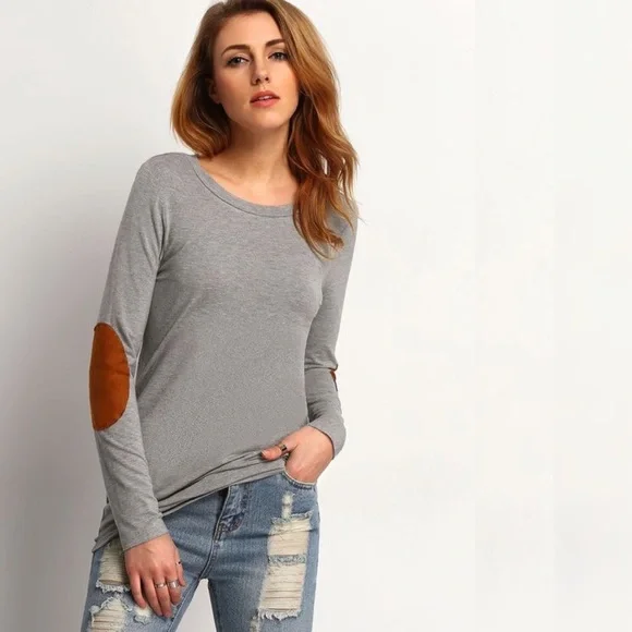 Sueded Elbow Patch Soft Drapey Long Sleeve Top - Picture 1 of 8